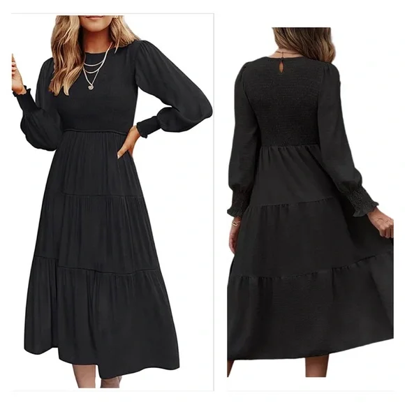 chinese dress ladies Smocked Tiered Midi Dress